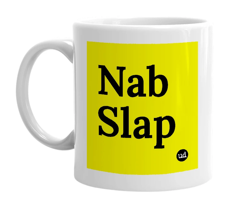 White mug with 'Nab Slap' in bold black letters