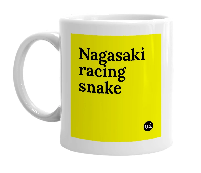 White mug with 'Nagasaki racing snake' in bold black letters