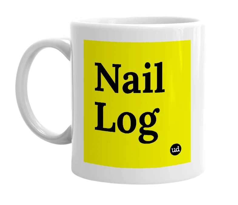 White mug with 'Nail Log' in bold black letters