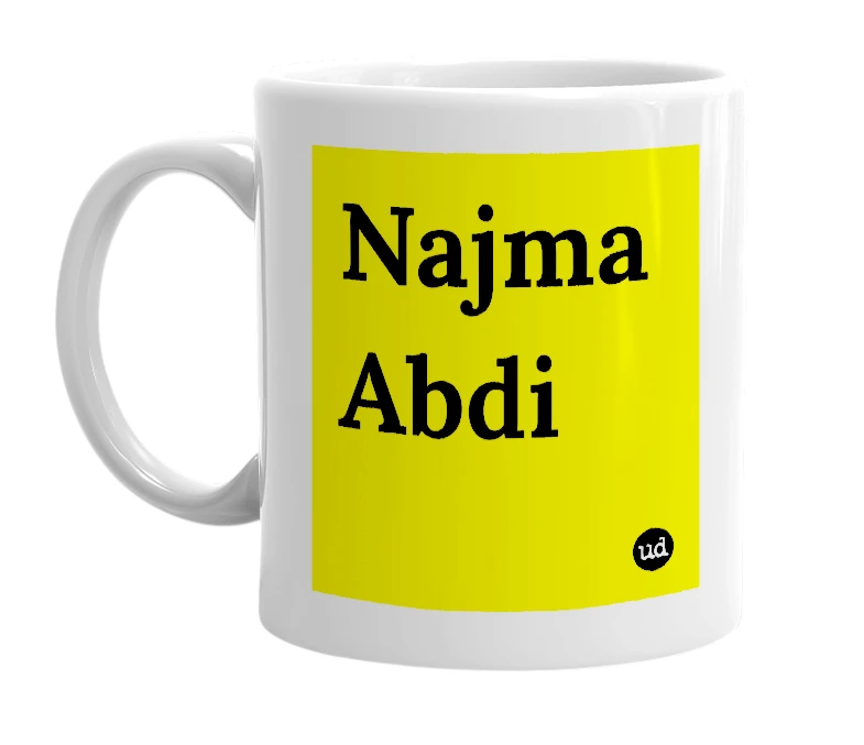 White mug with 'Najma Abdi' in bold black letters