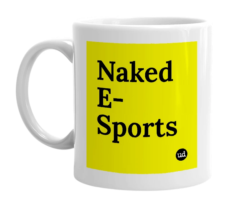 White mug with 'Naked E-Sports' in bold black letters