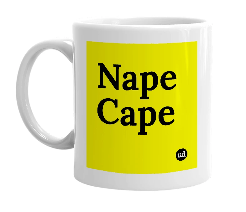 White mug with 'Nape Cape' in bold black letters