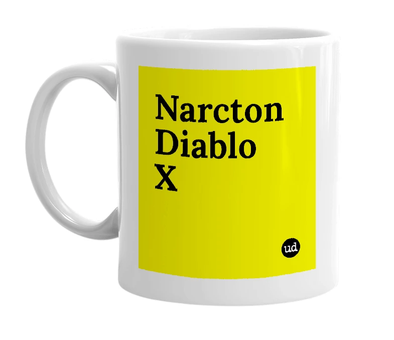 White mug with 'Narcton Diablo X' in bold black letters
