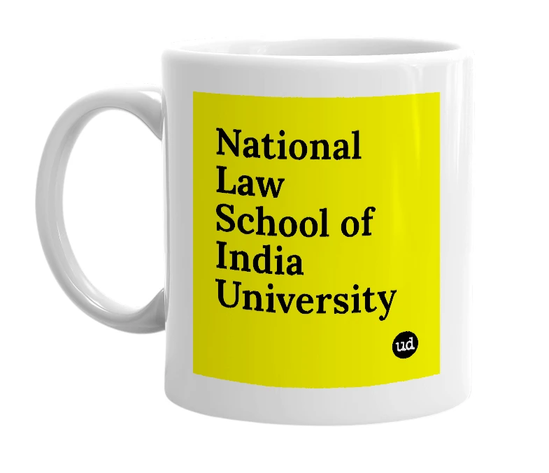 White mug with 'National Law School of India University' in bold black letters