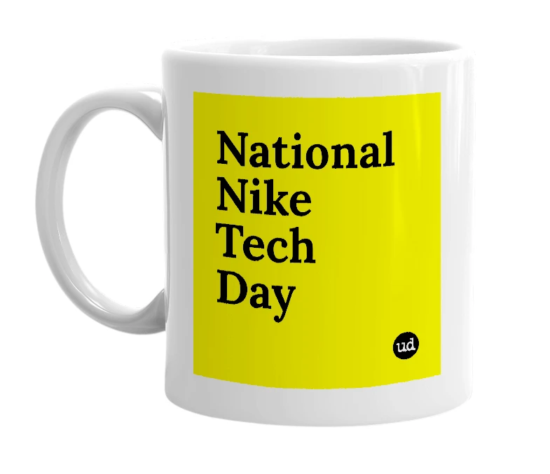 White mug with 'National Nike Tech Day' in bold black letters