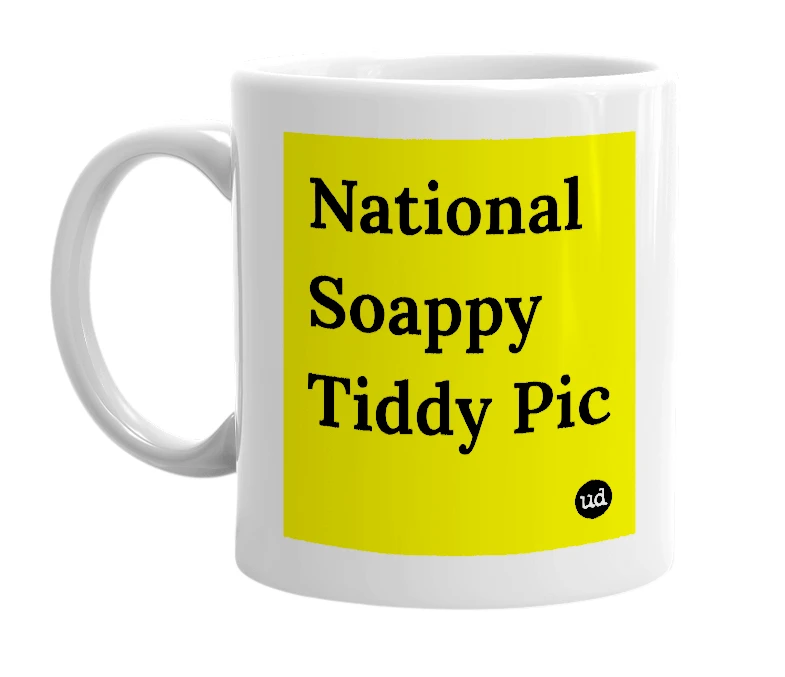 White mug with 'National Soappy Tiddy Pic' in bold black letters