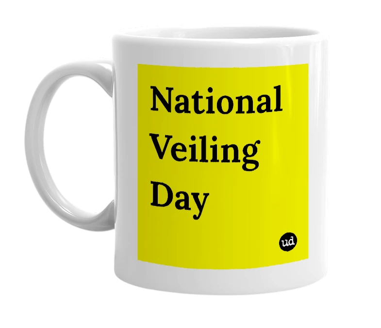 White mug with 'National Veiling Day' in bold black letters