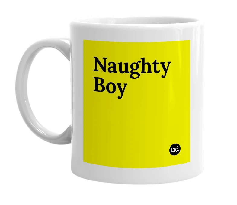 White mug with 'Naughty Boy' in bold black letters