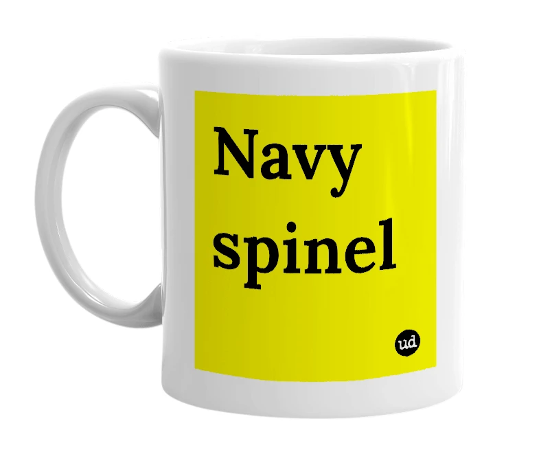 White mug with 'Navy spinel' in bold black letters