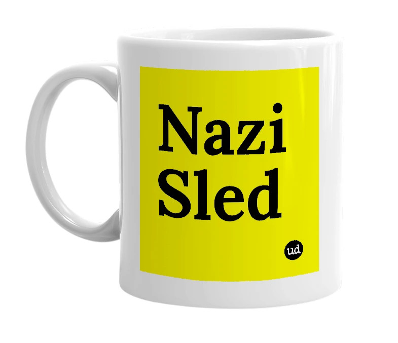 White mug with 'Nazi Sled' in bold black letters