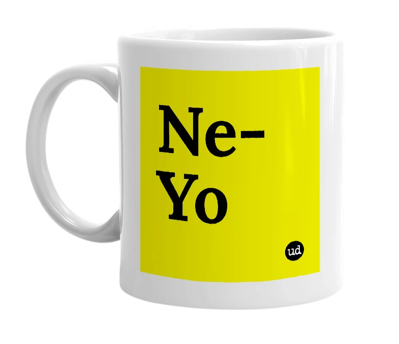 White mug with 'Ne-Yo' in bold black letters