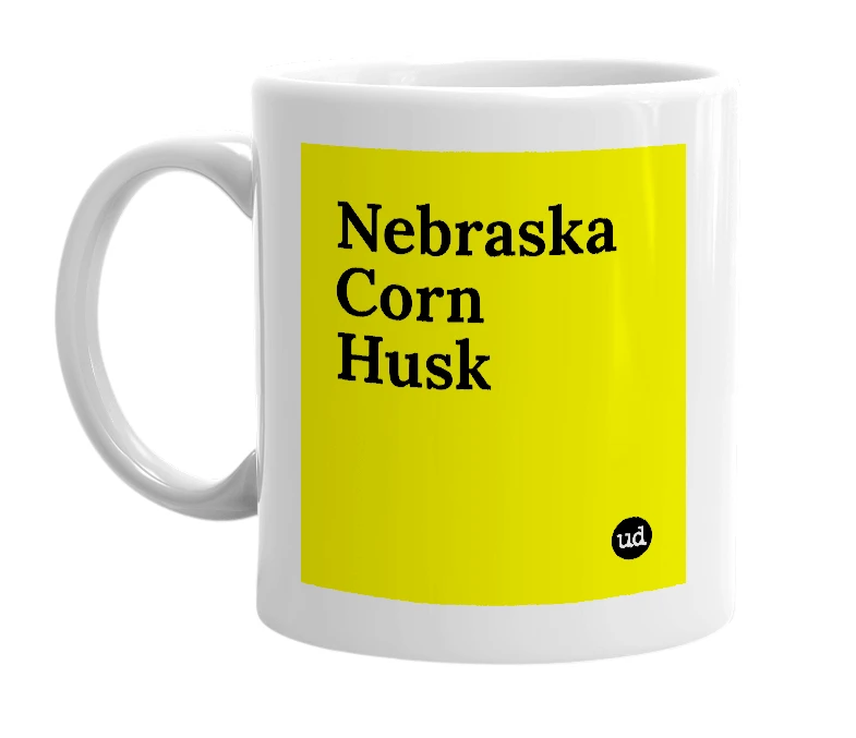 White mug with 'Nebraska Corn Husk' in bold black letters