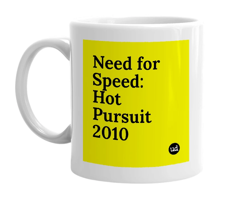 White mug with 'Need for Speed: Hot Pursuit 2010' in bold black letters