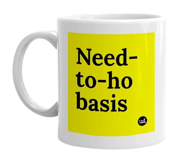 White mug with 'Need-to-ho basis' in bold black letters