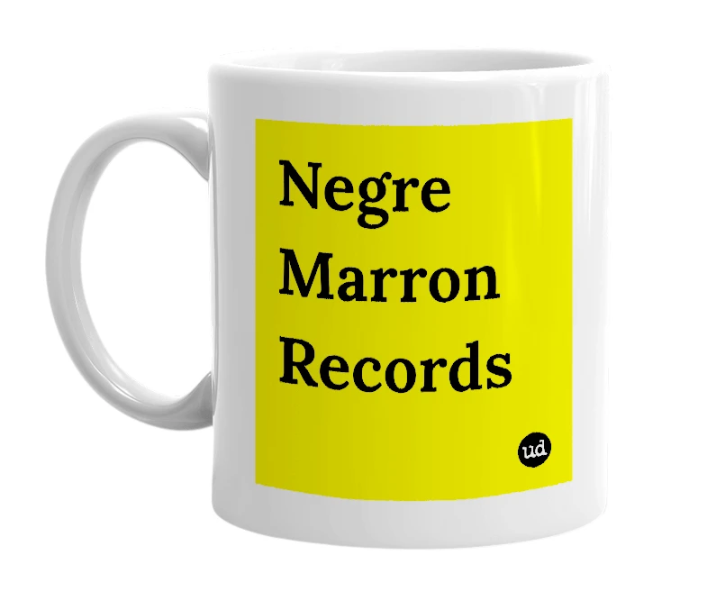 White mug with 'Negre Marron Records' in bold black letters