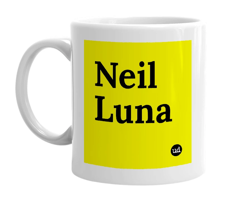 White mug with 'Neil Luna' in bold black letters