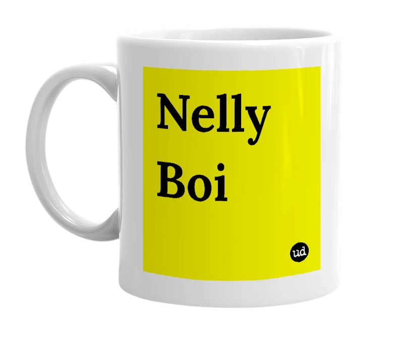 White mug with 'Nelly Boi' in bold black letters