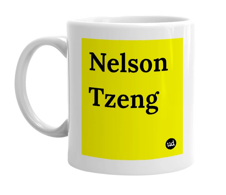 White mug with 'Nelson Tzeng' in bold black letters