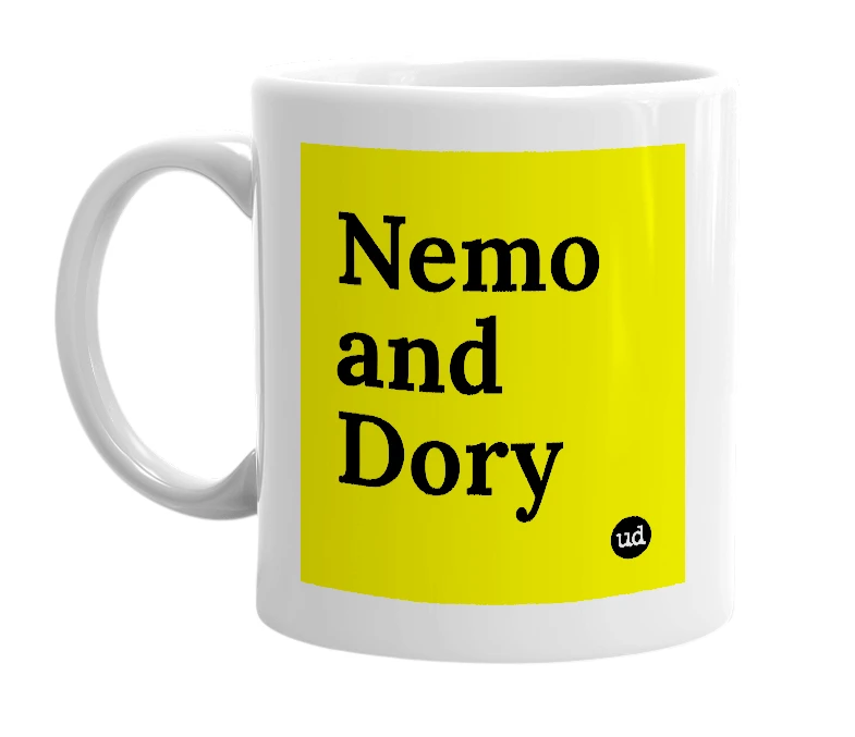 White mug with 'Nemo and Dory' in bold black letters