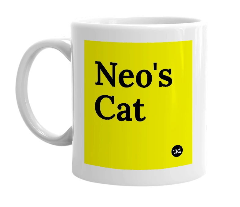 White mug with 'Neo's Cat' in bold black letters