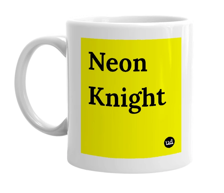 White mug with 'Neon Knight' in bold black letters