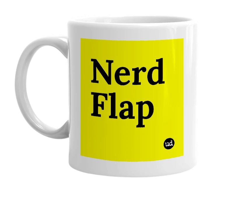 White mug with 'Nerd Flap' in bold black letters