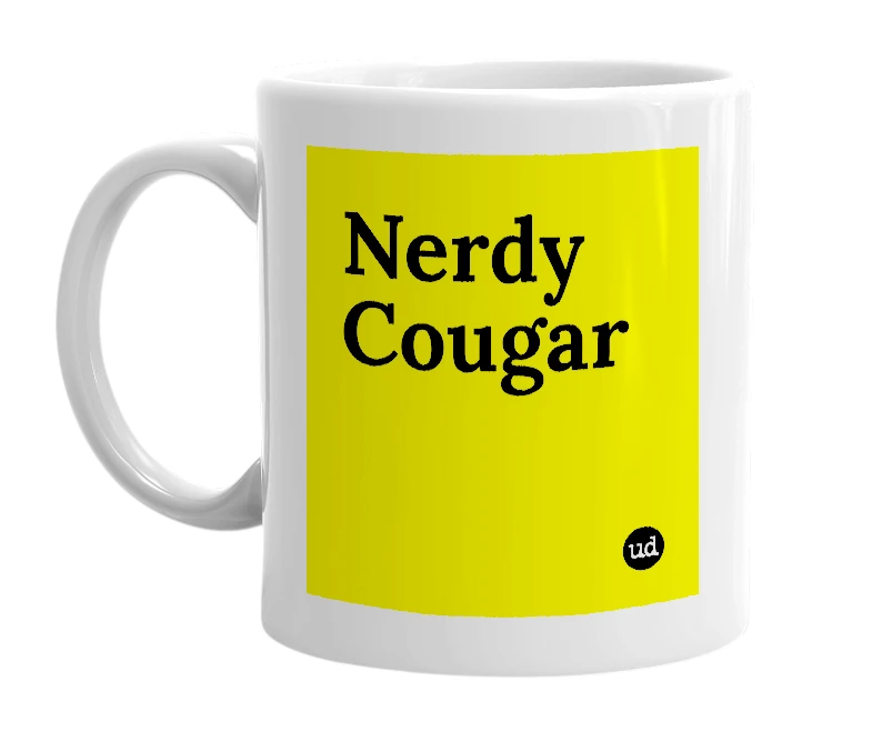 White mug with 'Nerdy Cougar' in bold black letters
