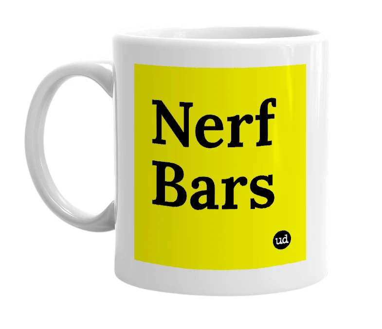 White mug with 'Nerf Bars' in bold black letters