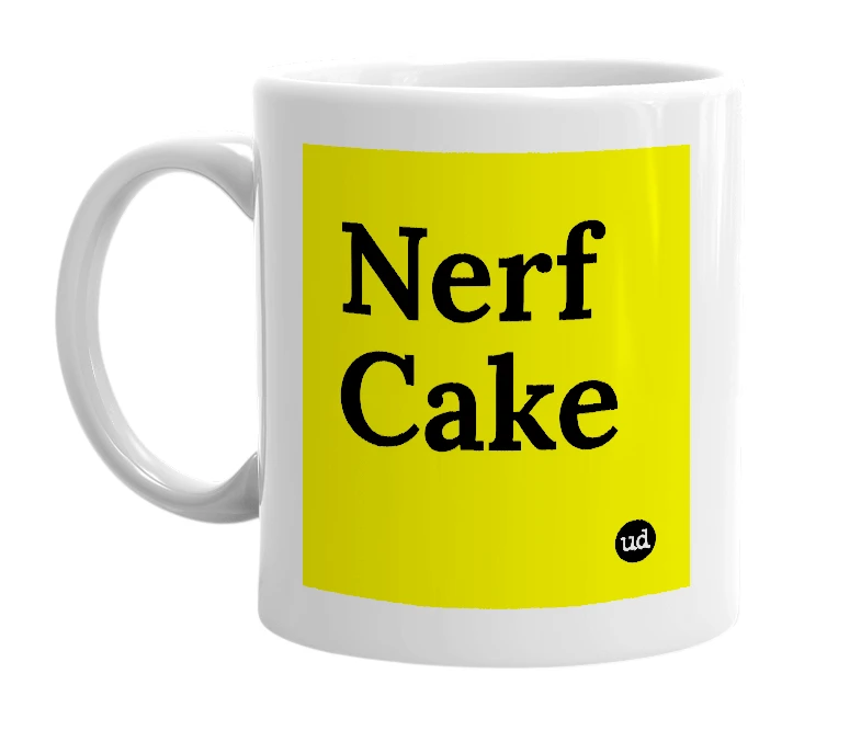 White mug with 'Nerf Cake' in bold black letters