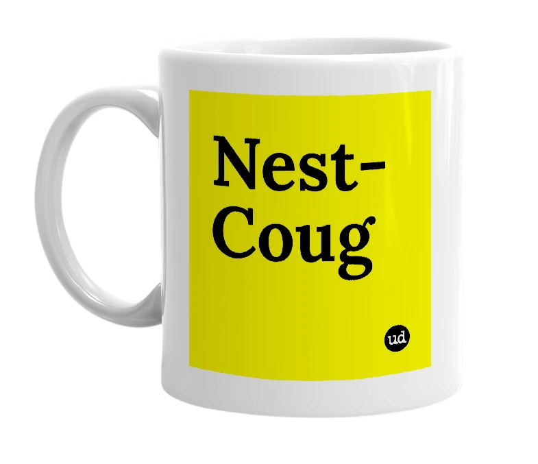 White mug with 'Nest-Coug' in bold black letters