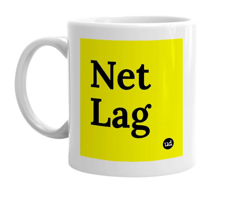 White mug with 'Net Lag' in bold black letters