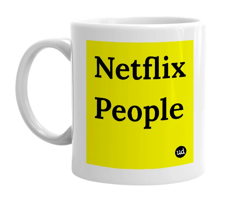 White mug with 'Netflix People' in bold black letters