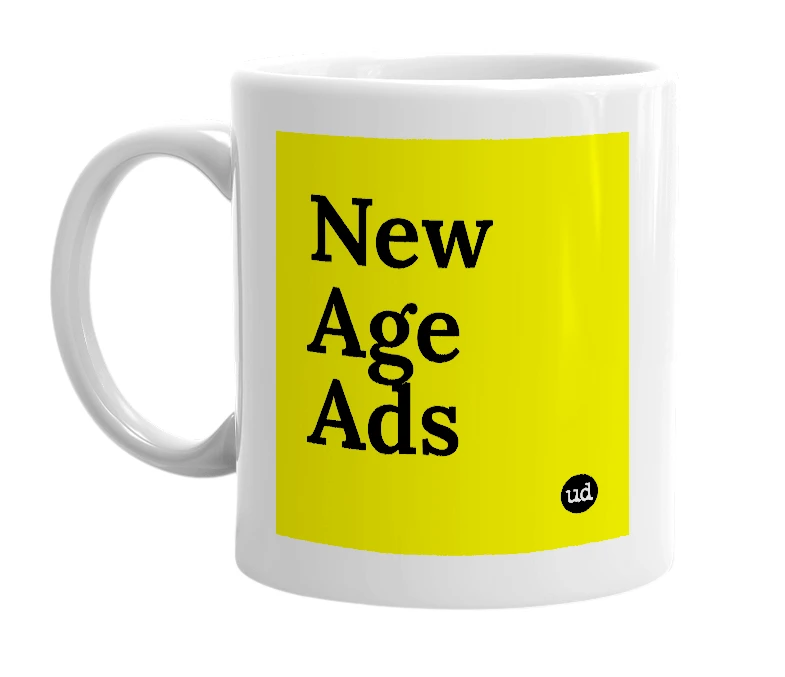 White mug with 'New Age Ads' in bold black letters