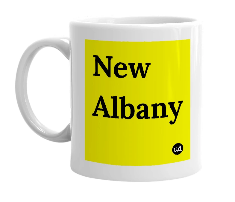 White mug with 'New Albany' in bold black letters