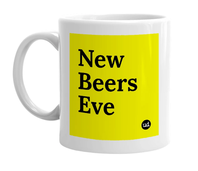 White mug with 'New Beers Eve' in bold black letters