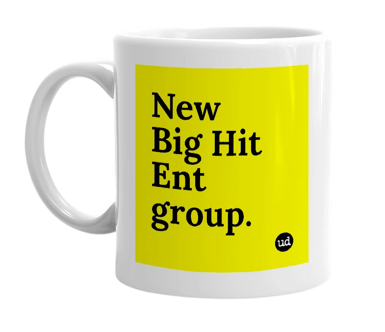 White mug with 'New Big Hit Ent group.' in bold black letters