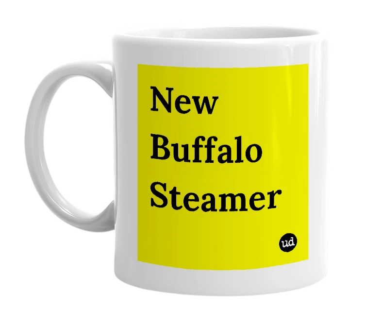 White mug with 'New Buffalo Steamer' in bold black letters