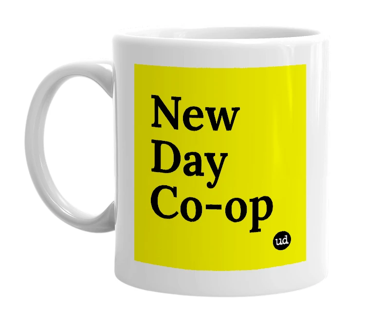 White mug with 'New Day Co-op' in bold black letters