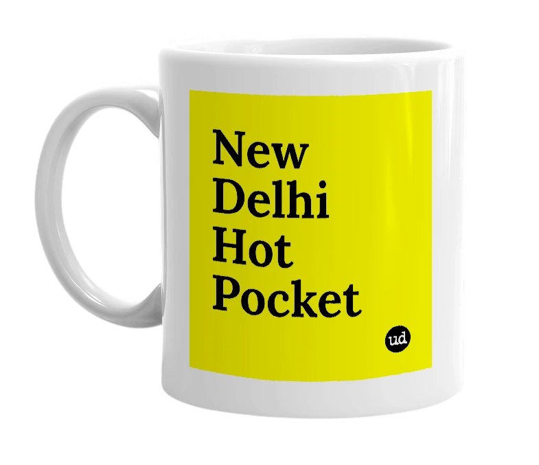 White mug with 'New Delhi Hot Pocket' in bold black letters