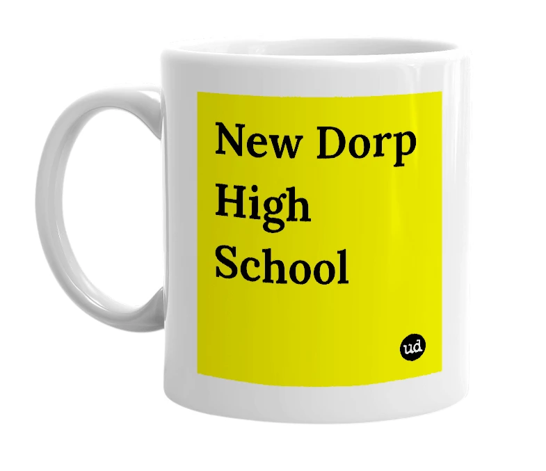 White mug with 'New Dorp High School' in bold black letters