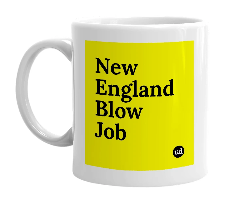 White mug with 'New England Blow Job' in bold black letters