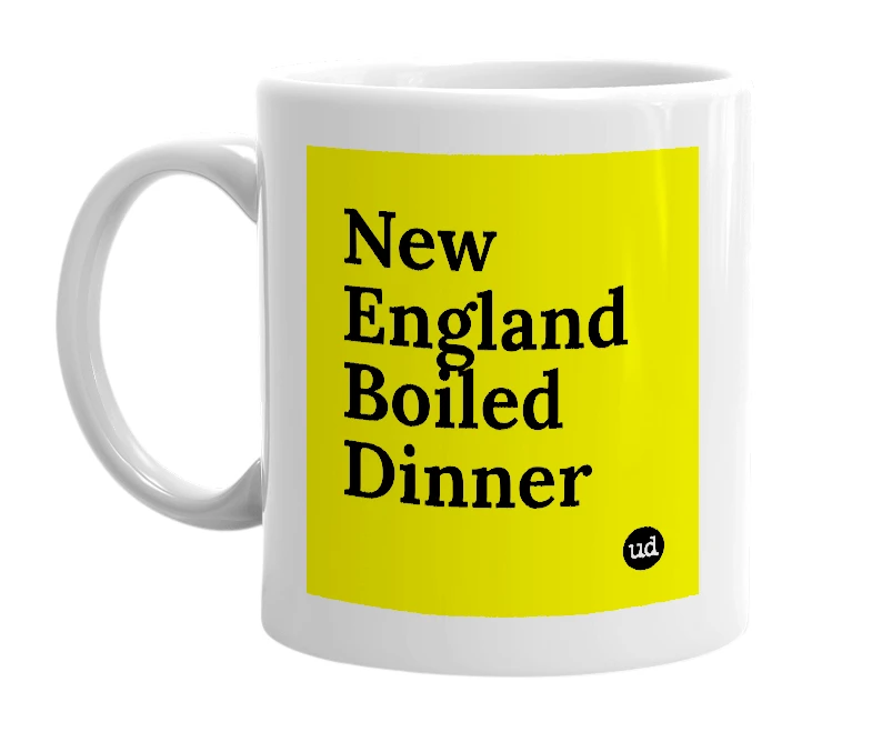 White mug with 'New England Boiled Dinner' in bold black letters