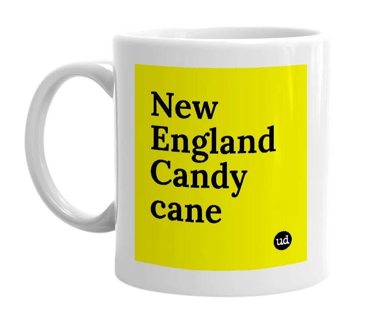 White mug with 'New England Candy cane' in bold black letters