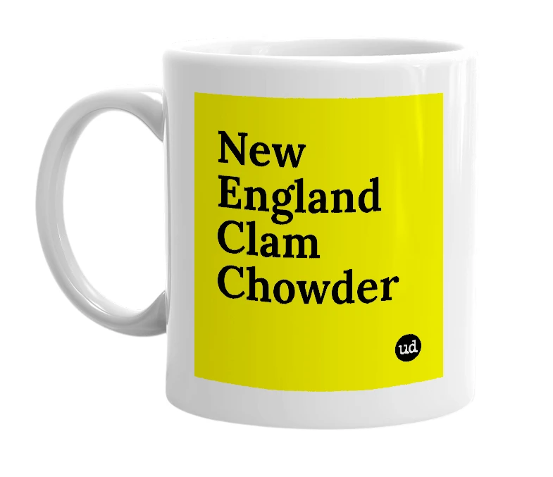 White mug with 'New England Clam Chowder' in bold black letters