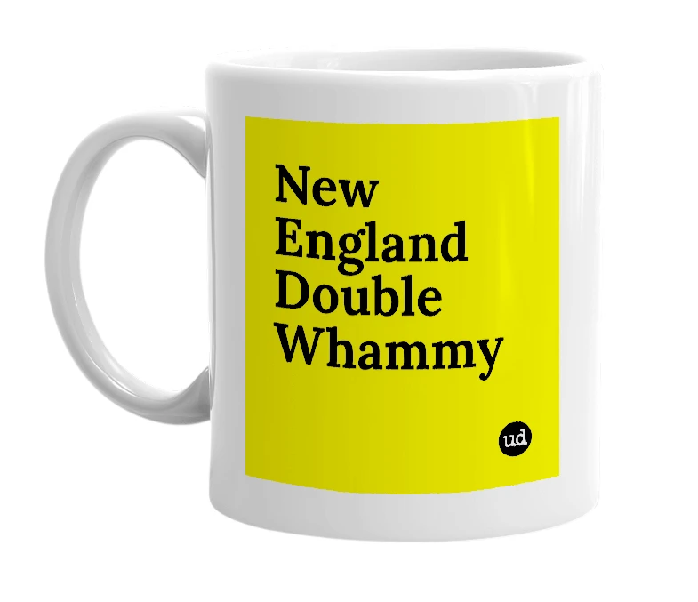 White mug with 'New England Double Whammy' in bold black letters