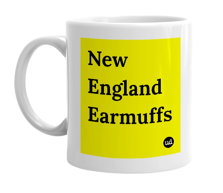 White mug with 'New England Earmuffs' in bold black letters