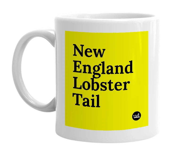 White mug with 'New England Lobster Tail' in bold black letters