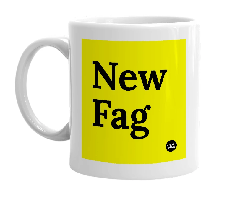 White mug with 'New Fag' in bold black letters
