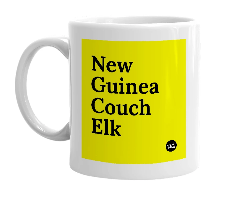White mug with 'New Guinea Couch Elk' in bold black letters