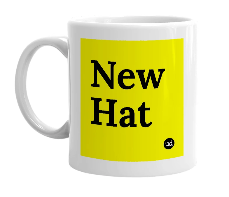 White mug with 'New Hat' in bold black letters